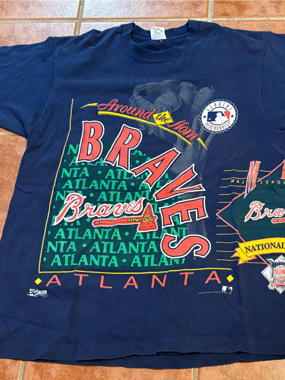 1990s Navy Atlanta Braves Graphic Tee with Red & Green wrap around Salem sz larg